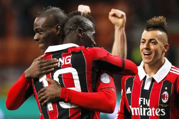 Esultanza dopo il goal Mario Balotelli Milan, Mbaye Niang, goal celebration, Milano 3 2 2013 .Stadio S.Siro . Football Calcio 2012 2013 Serie A. AC Milan - Udinese Calcio. MarcoxBertorello