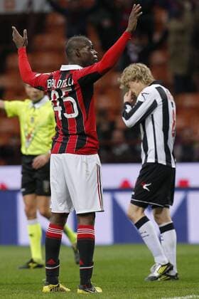 Mario Balotelli Milan, goal celebration, Milano 3 2 2013 .Stadio S.Siro . Football Calcio 2012 2013 Serie A. AC Milan - Udinese Calcio. MarcoxBertorello