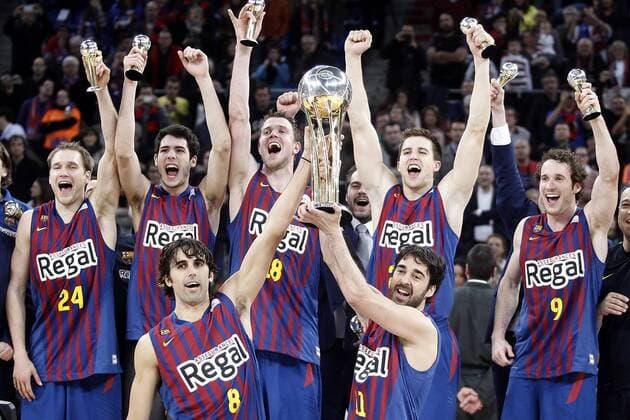 FC Barcelona Regal s Brad Oleson, Alex Abrines, CJ Wallace, Xabi Rabaseda, Marcelinho Huertas, Victor Sada and Juan Carlos Navarro celebrate the victory in the Spanish Basketball King s Cup Final match.February 07,2013.  (201302101341)