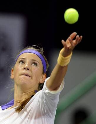 DOHA, Feb. 14, 2013 -- Victoria Azarenka of Belarus serves to Christina Mchale of the United States during the women s singels third round match at the Qatar Open tennis tournament in Doha, Qatar, Feb. 14, 2013. 