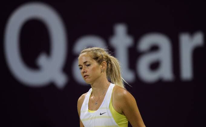 DOHA, Feb. 14, 2013 -- Klara Zakopalova of the Czech Republic reacts during the women s singels third round match at the WTA Tennis Damen Qatar Open tennis tournament in Doha, Qatar, Feb. 14, 2013. 