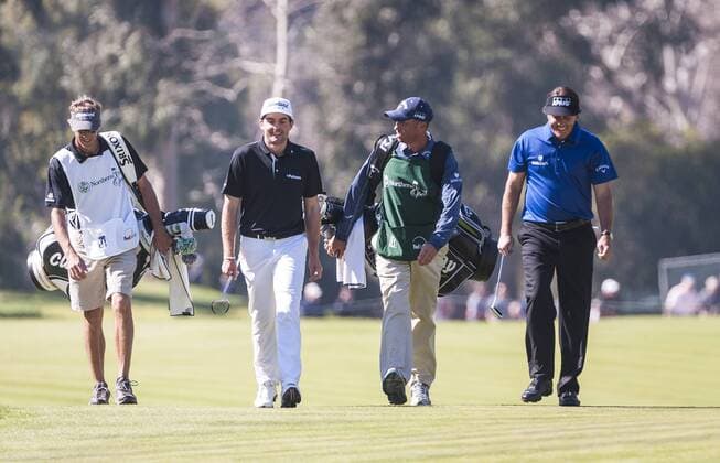 February 14, 2013: Phil Michelson and Keegan Bradley laugh while walking the course during the PGA Golf Herren Northern Trust Open held at Riviera Golf Course in Pacific Palisades, California. GOLF: FEB 14 PGA Golf Herren - Northern Trust Open - Round 01 Icon20217218 EDITORIAL USE ONLY