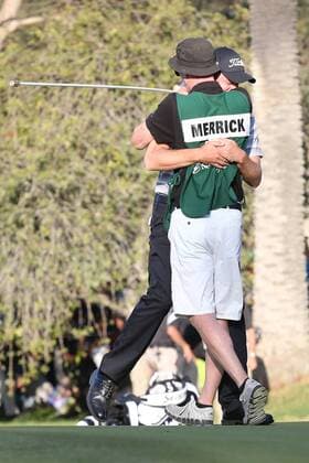 Feb. 17, 2013 - Pacific Palisades, California, U.S. - 02 17 13 Pacific Palisades, CA: John Merrick and caddie Ryan Goble celebrate after winning the Northern Trust open on the second playoff hole. t February 17, 2013 Northern Trust Open Final Round - ZUMAec2