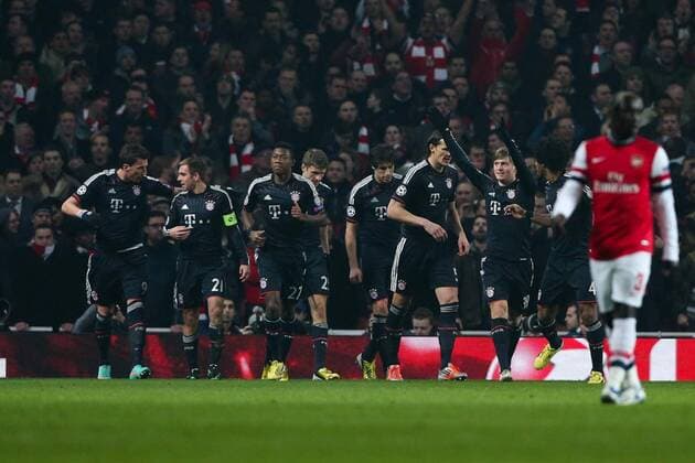 Football - 2012 2013 Champions League - Round of 16, First Leg: Arsenal vs. Bayern Munich Bayern Munich s Toni Kroos celebrates scoring at the Emirates Stadium, London 