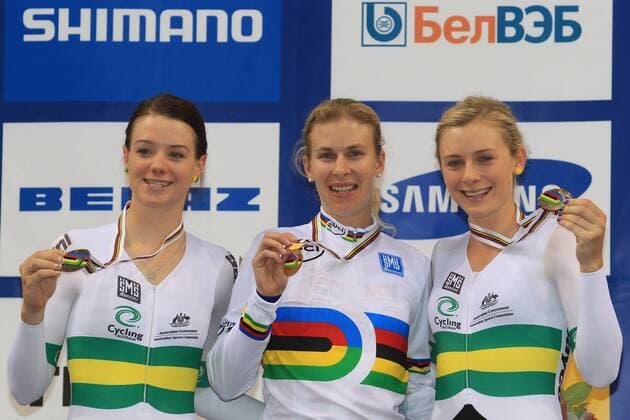 Podium : Amy Cure (AUS) - Sarah Hammer (USA) - Annette Edmondson (AUS) CYCLISME : Championnats du Monde sur Piste - Minsk - 20 02 2013 PatrickPichon Panoramic 