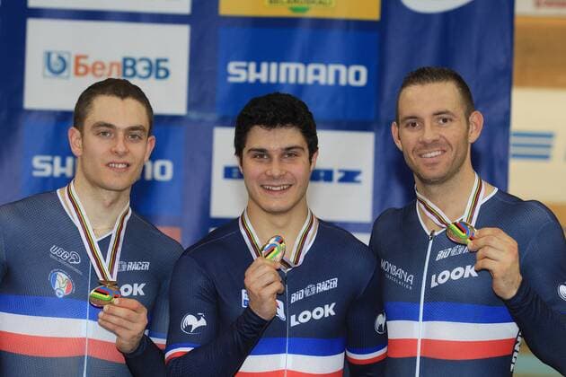 Frankreich : D ALMEIDA Michael - PALMA Julien - PERVIS Francois - - Mannschaftswettbewerb - Teamsprint - Weltmeisterschaft 2013 - Minsk - 21 02 2013 PatrickPichon Panoramic 