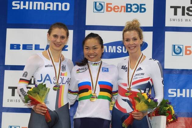 Podium : WELTE Miriam (GER) - LEE Wai Sze (HKG) - JAMES Rebecca Angharad (GBR) - 500 m Dames - Weltmeisterschaft 2013 - Minsk - 21 02 2013 PatrickPichon Panoramic 