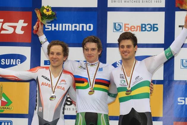 Andreas Müller ( AUT ) - Martyn Irvine ( IRL ) - Luke Davidson ( AUS ) - Bahnrad WM - - Scratch - Minsk - 21 02 2013 PatrickPichon 