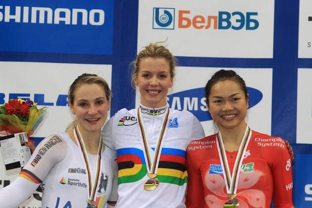 Podium : VOGEL Kristina (GER) - JAMES Rebecca Angharad (GBR) - - LEE Wai Sze (HKG) - Vitesse Femme CYCLISME SUR PISTE : Championnats du monde - Minsk - 23 02 2013 PatrickPichon Panoramic 