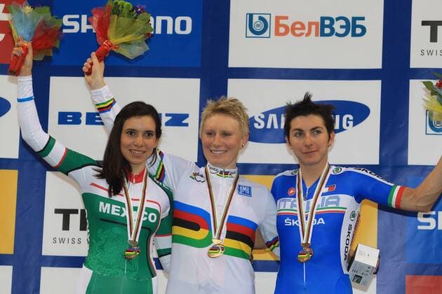 Podium : ARREOLA NAVARRO Sofia (MEX) - MACHACOVA Jarmila (CZE) - BRONZINI Giorgia (ITA) - Course aux points CYCLISME SUR PISTE : Championnats du monde - Minsk - 23 02 2013 PatrickPichon Panoramic 