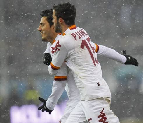 Marquinho Roma, Miralem Pjanic Roma, Goal Celebration - Bergamo, 24.02.2013 - Serie A 2012 2013 - Atalanta Bergamo vs AS Roma - MarcoxBertorello