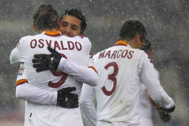 Marquinho Roma, Miralem Pjanic Roma, Goal Celebration - Bergamo, 24.02.2013 - Serie A 2012 2013 - Atalanta Bergamo vs AS Roma - MarcoxBertorello