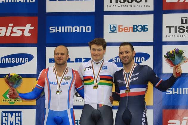 Podium : DMITRIEV Denis (RUS) - BÖTTICHER Stefan(GER) - Francois PERVIS ( FRANCE ) - WM Sprint - Minsk - 24 02 2013 PatrickPichon 