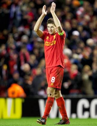 PROPAGANDA20130221 Football - soccer: UEFA Europa League, Liverpool FC - FC Zenit St Petersburg, Liverpool s captain Steven Gerrard looks dejected after the UEFA Europa League Round of 32 match against FC Zenit St Petersburg at Anfield. (Hinweis: Verwendung nur in Deutschland, Österreich oder Schweiz - only Germany, Austria and Switzerland) xHOCHxZWEIx xPropagandax 