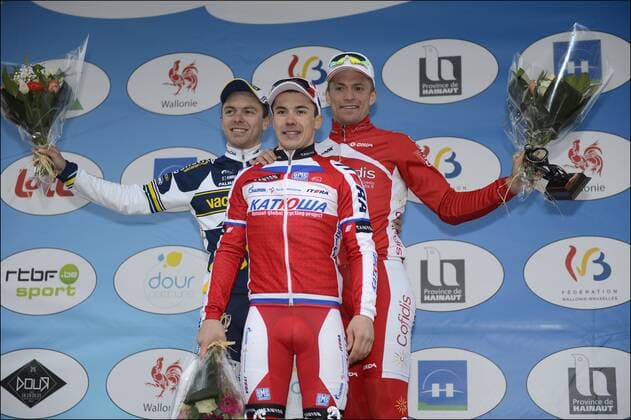 Podium : Kris Boeckmans (Belgium Team Vacansoleil - DCM) - Alexey Tsatevitch (Russia Team Katusha - Katuscha - Canyon) - Adrien Petit (France Team Cofidis) CYCLISME : Course - Le Samyn - 27 02 2013 PhotoNews Panoramic 