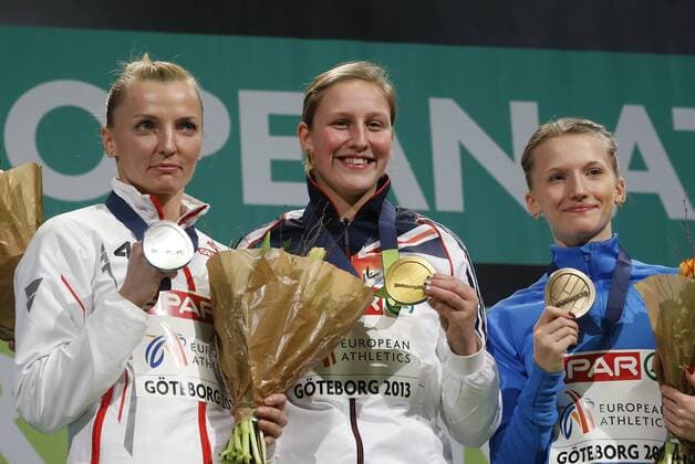 Göteborg, Leichtathletik, EAA, Hallen EM in Göteborg, European athletics Indoor Championships, 01.03.-03.03.2013, Göteborg Anna Rogowska, Holly Bleasdale, Anzhelika Sidova, Stabhochsprung Frauen Siegerehrung,
