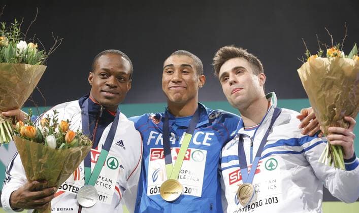 Göteborg, Leichtathletik, EAA, Hallen EM in Göteborg, European athletics Indoor Championships, 01.03.-03.03.2013, Göteborg 60m Männer Siegerehrung, James Dasaolu, Jimmy Vicaut, Michael Tumi,