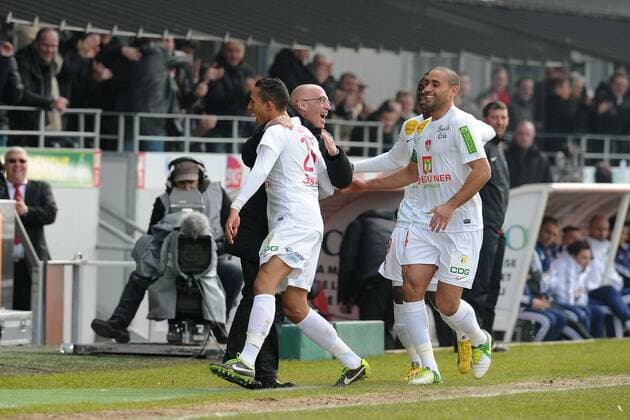 Joie de Kamel Chafni apres son but - Ahmed Kantari - Magaye Gueye - Landry Chauvin (Brest) FOOTBALL : Brest vs Lyon - Ligue 1 - 03 03 2013 N.LeGouic FEP Panoramic 