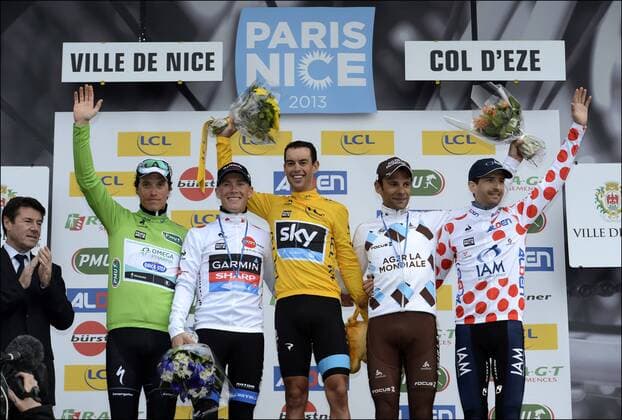CHAVANEL Sylvain (FRA) of Omega Pharma Quick Step - TALANSKY Andrew (USA) of Garmin Sharp - PORTE Richie (AUS) of Sky Procycling ) - PERAUD Jean-Christophe (FRA) of Ag2r La Mondiale - TSCHOPP Johann (SUI) Podium CYCLISME : Paris Nice 2013 - Nice Col D Eze - Contre La Montre - 10 03 2013 PhotoXNews 