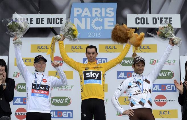 NICE, FRANCE - MARCH 10: TALANSKY Andrew (USA) of Garmin Sharp - PORTE Richie (AUS) of Sky Procycling - PERAUD Jean-Christophe (FRA) of Ag2r La Mondiale Podium CYCLISME : Paris Nice 2013 - Nice Col D Eze - Contre La Montre - 10 03 2013 PhotoXNews 