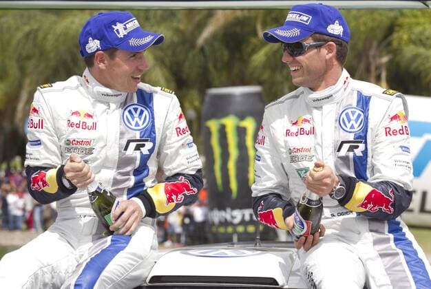 Volkswagen Motors French driver Sebastien Ogier (R) and co-driver Julien Ingrassia celebrate winning the first place of the World Rally Championship WRC Motorsport Rallye WM third stage in Leon, Guanajuato State, Mexico, on March 10, 2013. (Xinhua Jose Medrano) (mp) MEXICO-LEON-WRC 