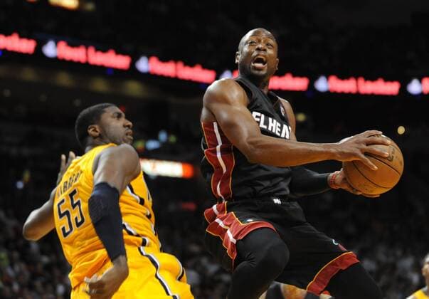March 10, 2013 - Miami, FL, USA - Dwyane Wade of the Miami Heat goes up for a shot in the fourth quarter against the Indiana Pacers at the AmericanAirlines Arena in Miami, Florida, Sunday, March 10, 2013. Heat vs. Pacers - ZUMAm67
