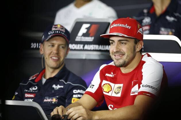 Motorsports: FIA Formula One World Championship 2013, Grand Prix of Australia, 1 Sebastian Vettel (GER, Infiniti Red Bull Racing), 3 Fernando Alonso (ESP, Scuderia Ferrari), xHOCHxZWEIx