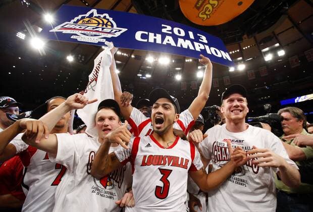 Louisville Cardinals Peyton Siva reacts after the game against the Syracuse Orange at the NCAA College League USA Big East Basketball Championship finals at Madison Square Garden in New York City on March 16, 2013. Louisville defeated Syracuse 78-61 and win the 2013 Big East Championship.  NYP20130316142