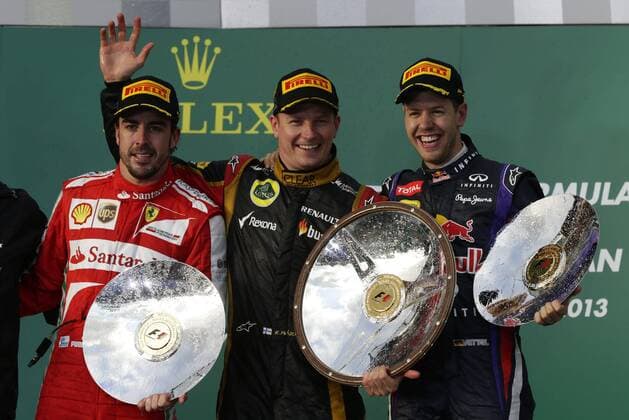 Podium in Melbourne: Fernando Alonso (Scuderia Ferrari), Kimi Räikkönen (Lotus F1 Team), Sebastian Vettel (Red Bull Racing) GP Australien 2013 Formel 1 Grand Prix Australien 2013