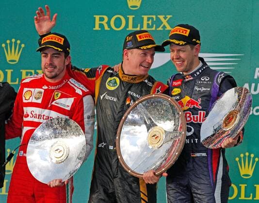 formula 1 GP, Australien in Melbourne 17.03.2013, Kimi Raikkonen, Lotus F1 Team, Sieger vor Fernando Alonso, Scuderia Ferrari, und Sebastian Vettel, Red Bull Racing, formula 1 GP, Australien, Kimi Raikkonen, Fernando Alonso, Sebastian Vettel,