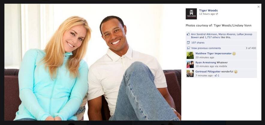 Mar 18, 2013 - U.S. - Photos of golfer TIGER WOODS and skier LINDSEY VONN from Tiger s Facebook page as the couple make it official with an announcement confirming that they are dating. Vonn and Woods Go Public as a Couple - AchtungXnurXals XausrissXverwendenXachtung! - ZUMAz03
