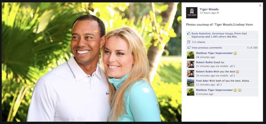 Mar 18, 2013 - U.S. - Photos of golfer TIGER WOODS and skier LINDSEY VONN from Tiger s Facebook page as the couple make it official with an announcement confirming that they are dating. Vonn and Woods Go Public as a Couple - AchtungXnurXals XausrissXverwendenXachtung! - ZUMAz03