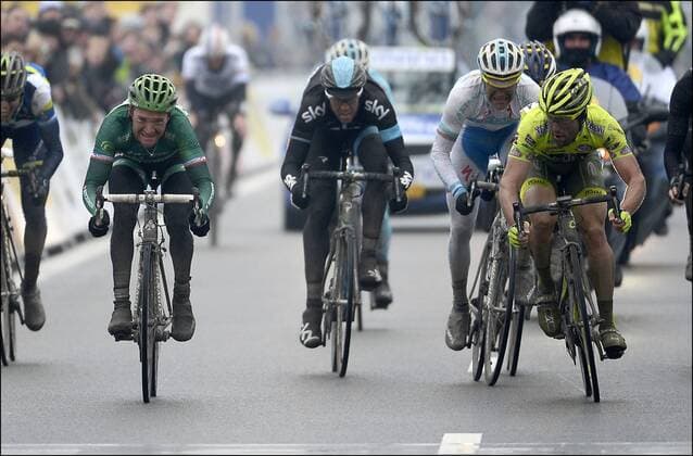 Thomas Voeckler (Fra) of Team Europcar - Oscar Gatto (Ita) of Vini Fantini Selle Italia Sprint Radsport, La Flandre - Waregem - 20 03 2013 Photonews Panoramic 