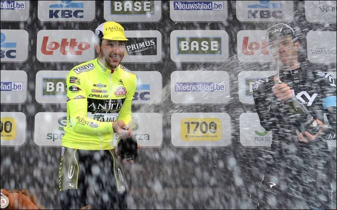 WAREGEM, BELGIUM - MARCH 20: Borut Bozic (Slo) of Astana - Oscar Gatto (Ita) of Vini Fantini Selle Italia - Mathew Hayman (Aus) of Team Sky Podium - Champagne Radsport, La Flandre - Waregem - 20 03 2013 Photonews Panoramic 