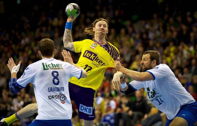 Handball HBL 1 Bundesliga Berlin 20.03.2013 Max Schmeling Halle Füchse Berlin geg TV Grosswallstadt vlnr David GRAUBNER 08 TV Grosswallstadt Börge LUND 17 Füchse Sverre JAKOBSSON 14 TV Grosswallstadt