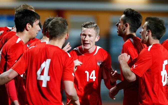 FUSSBALL - AUT vs SVK, Testspiel HARTBERG,AUSTRIA,21.MAR.13 - FUSSBALL - ÖFB U21-Länderspiel, Österreich vs Slowakei, Freundschaftsspiel. Bild zeigt den Jubel von AUT mit Florian Kainz und Robert Zulj (AUT). 