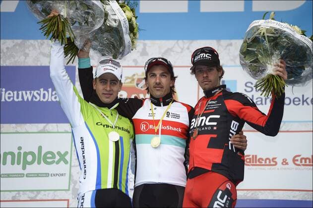 Peter Sagan (Slovakia Team Cannondale), Fabian Cancellara (Switzerland Team Radioshack Leopard) and Daniel Oss (Italy BMC Racing Team) CYCLISME : Course Harelbeke - 22 03 2013 PHOTONEWS PANORAMIC 