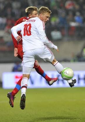 Danish player Nicolai Jorgensen, front, and Czech Republic s player Ladislav Krejci fight for the ball in their 2014 World Cup qualifying soccer match Czech Republic against Denmark in Olomouc, Czech Republic, Friday, March 22, 2013. (CTKxPhoto LudekxPerina) CTKPhotoP201303220965801  LPE 008