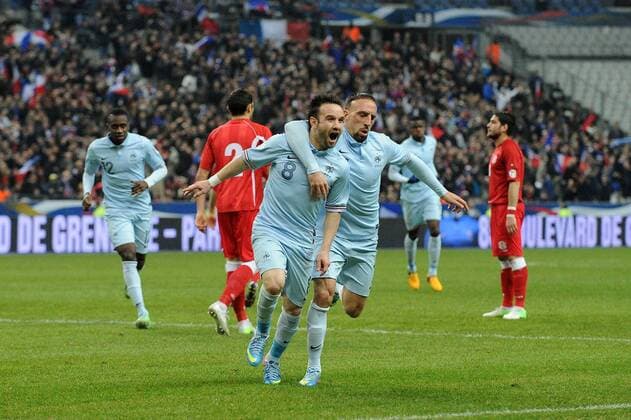 joie de Mathieu Valbuena apres son but - Franck Ribery (France) FOOTBALL : France vs Georgie - Eliminatoire CM 2014- 22 03 2013 N.LeGouic FEP Panoramic 