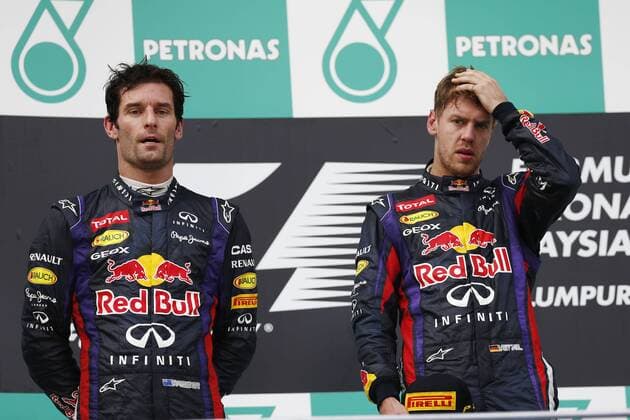 Motorsports: FIA Formula One World Championship 2013, Grand Prix of Malaysia, 2 Mark Webber (AUS, Infiniti Red Bull Racing), 1 Sebastian Vettel (GER, Infiniti Red Bull Racing), xHOCHxZWEIx