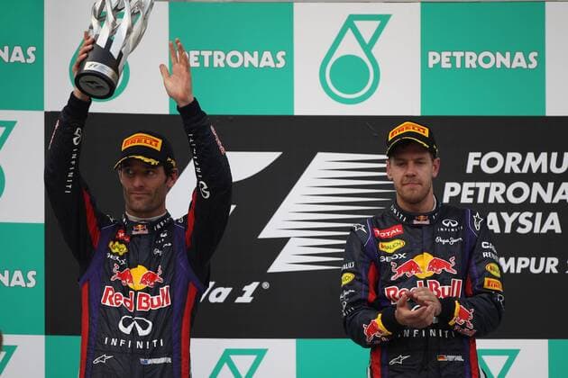 24.03.2013- Race, the podium; winner Sebastian Vettel (GER) Red Bull Racing RB9, 2nd Mark Webber (AUS) Red Bull Racing RB9 