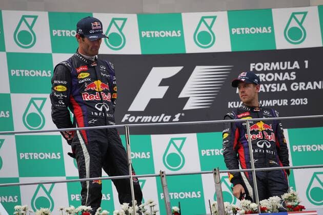 24.03.2013- Race, the podium; winner Sebastian Vettel (GER) Red Bull Racing RB9, 2nd Mark Webber (AUS) Red Bull Racing RB9 
