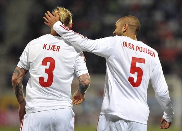 Danish players Simon Kjaer (left) and Simon Busk Poulsen in their 2014 World Cup qualifying soccer match Czech Republic against Denmark in Olomouc, Czech Republic, Friday, March 22, 2013. (CTKxPhoto JaroslavxOzana) CTKPhotoP201303221084001  jao 33
