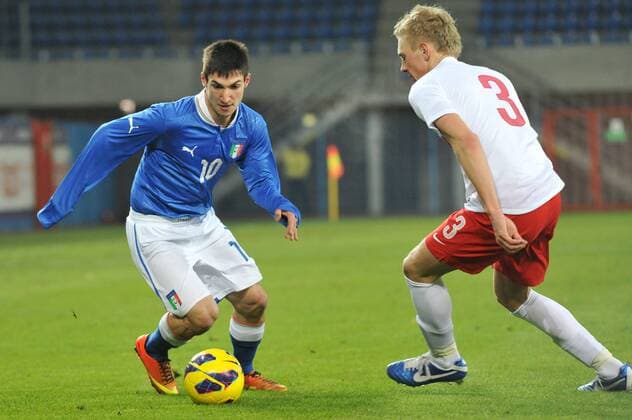 GLIWICE 27.03.2013 FOOTBALL 12TH FOUR NATIONS TOURNAMENT POLAND U20 - ITALY U20 - MATTEO POLITANO, MICHAL KOLODZIEJSKI -  20130327PF_RR006