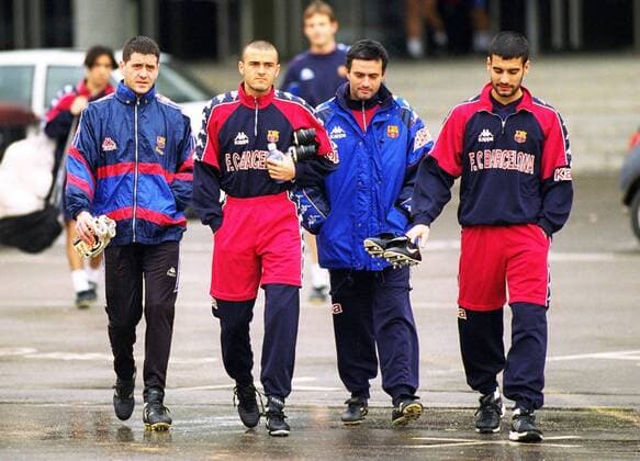 FC Barcelona Archivfoto Training 1996 97, v.l. JUAN CARLOS BUSQUETS (Vater von Sergio Busquets), LUIS ENRIQUE, JOSE MOURINHO, PEP GUARDIOLA FOTO:HUEBNER LAU