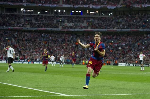 28.05.2011, UEFA Champions League, FC Barcelona - Manchester United, L-R Lionel Messi (FC Barcelona) Tor Jubelt