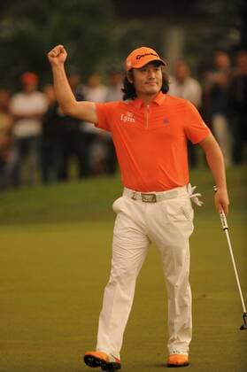 (130331) -- JAKARTA, March 31, 2013 (Xinhua) -- South Korean Golfer Choi Ho Sung reacts during the final day of Enjoy Jakarta Indonesia PGA Golf Herren Championship at Emeralda Golf Club in Jakarta, Indonesia, March 31, 2013. Choi Ho Sung claimed the title with 19 under par. (Xinhua Veri Sanovri) INDONESIA-JAKARTA-GOLF-ENJOY JAKARTA INDONESIA PGA Golf Herren CHAMPIONSHIP 