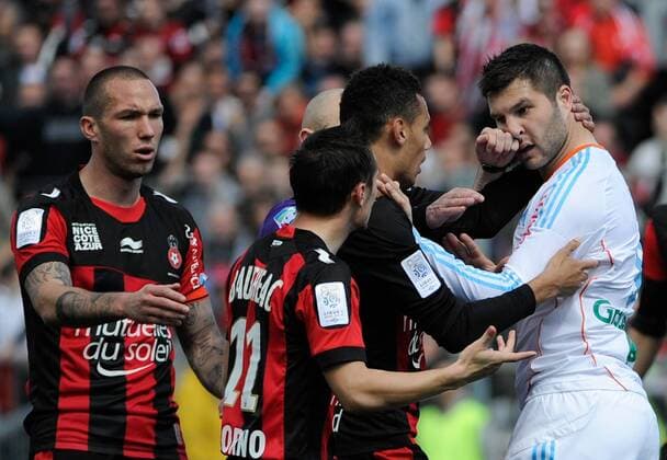 Didier Digard - Eric Bautheac - Thimothee Kolodziejczak - ( NICE ) - Andre Pierre Gignac ( OM ) FOOTBALL : OGC Nice vs Olympique de Marseille . - Ligue 1 - 31 03 2013 OlivierAnrigo Panoramic 