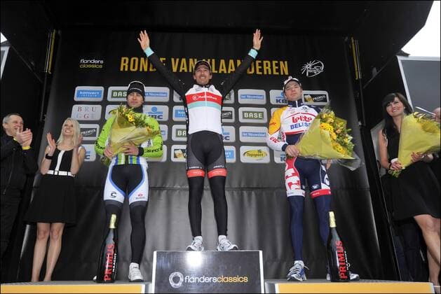 Peter Sagan (Slovakia Team Cannondale), Fabian Cancellara (Switzerland Team Radioshack Leopard) and Jurgen Roelandts (Belgium Team Lotto Belisol) CYCLISME : Tour des Flandres - 31 03 2013 Photonews Panoramic 