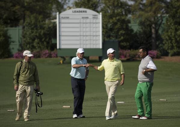 Fred Couples greets on the practice tee at Augusta National during Masters week on April 7, 2013 in Augusta, Georgia. The 77th Masters Golf Tournament will begin on Thursday.  AUG20130407301